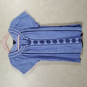 02529 Talbots blue linen S/S embroidered blouse S